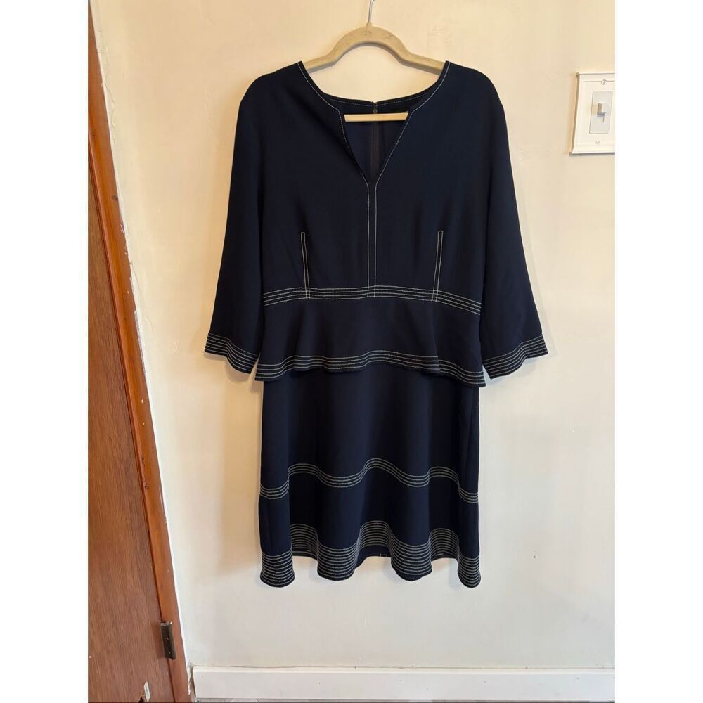 Banana Republic Navy Tiered Frill Dress Size 12 White Stitching V-Neck 3/4 Sleev